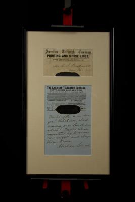 Framed "Lincoln" telegram re. USS Monitor
