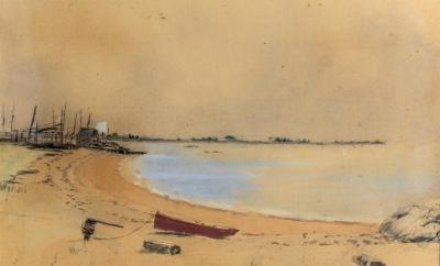 Painting - of beach, wharf & hut cropped