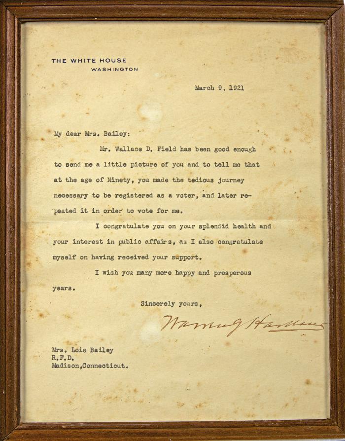 Document - Letter signed by Pres. Warren G. Harding to Lois Bailey