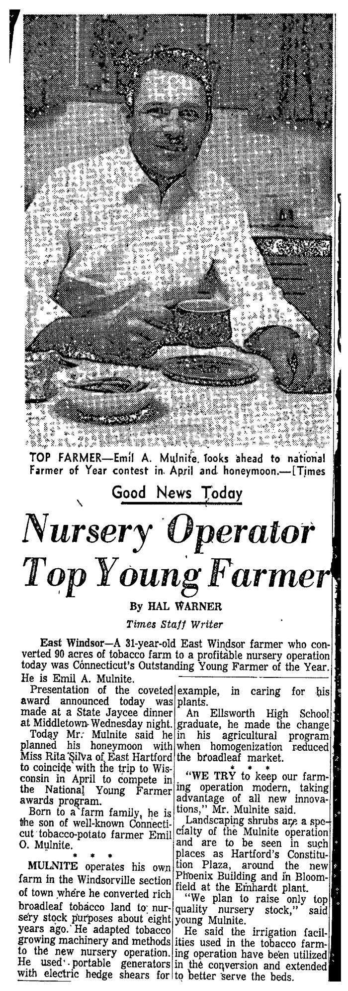 Photo of Emil A. Mulnite and article titled "Nursery Operator Top Yount Farmer" in the Hartford Times.