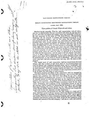 COPY
CT General Assembly resolution, May 1829, incorporating East-Windsor Mfg Co. Petition by Joseph Ellsworth.