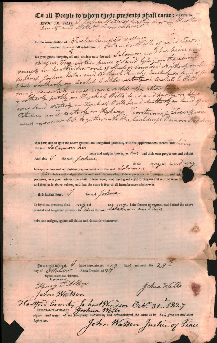 Land Deed Joshua Wells to Solomon Wells,  Vol. 19, Page 86, Town of East Windsor record. One of many documents donated by Horace Bancroft