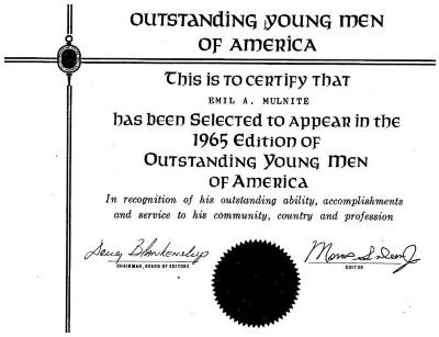 Certificate from "Outstanding Young Men of America" given to Emil A. Mulnite (Tex) in 1965.