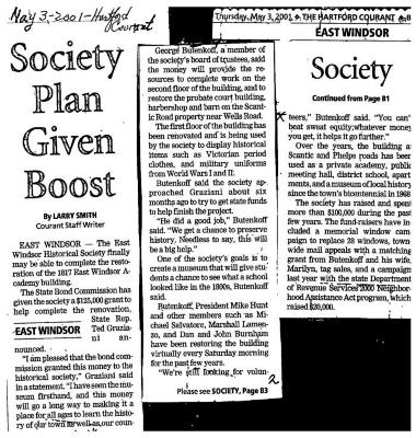Society Plan Given Boost.  Article from the Hartford Courant, dated May 3, 2001.