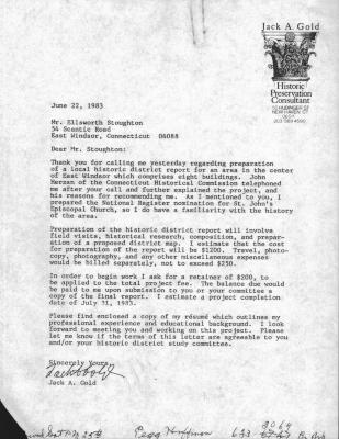 Letter from Jack A. Gold, dated June 22,1983, to Ellsworth Stoughton about "local historic district report". 10 pages. Three pages are duplicate of Historic Commission 3-page document 2020.006.0005.