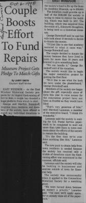 Couple Boosts Effort to Fund Repairs, Museum project gets pledge to match gifts.  Article from Hartford Courant, dated October 6, 1998.