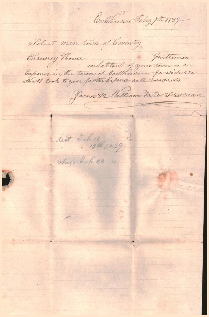 Letter to the Select men, town of Coventry, dated February 7, 1839. 