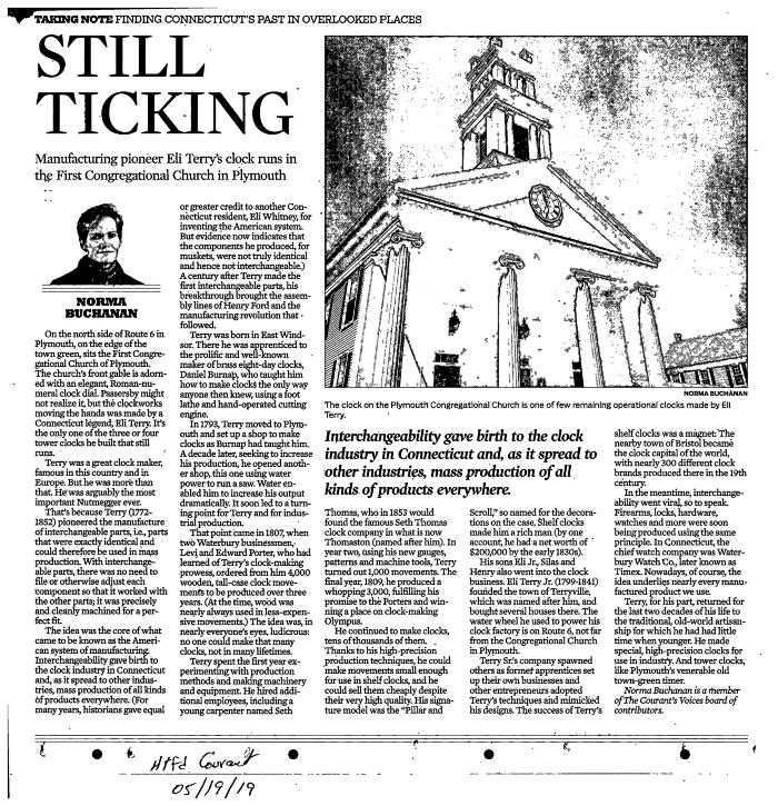 "Still Ticking", article in Hartford Courant  05/19/2019  Clock in Plymouth CT