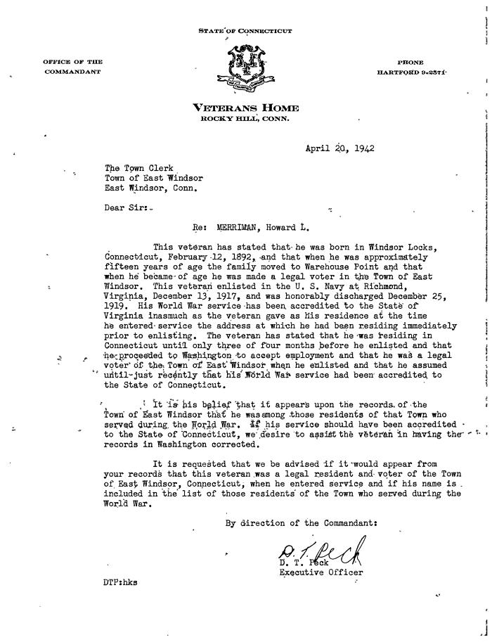 Letter of the State of Connecticut Veterans Home Re: Merriman, Howard L. 
