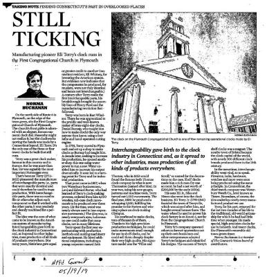 "Still Ticking", article in Hartford Courant  05/19/2019  Clock in Plymouth CT