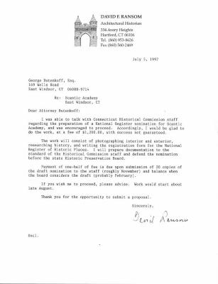 Letter dated July 5, 1997 to George Butenkoff, Esq. regarding preparation of National Register nomination for Scantic Academy from David F. Ransom, Architectural Historian. 