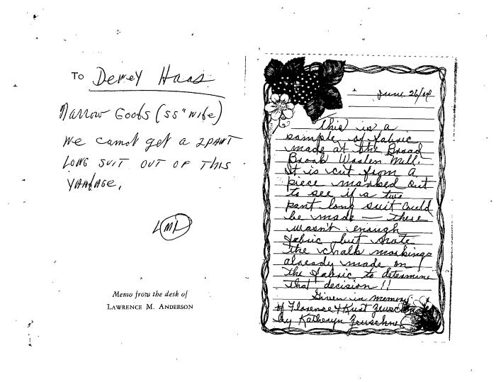 Note regarding fabric from the Broad Brook Woolen Mill,  dated 6/26/2004. 