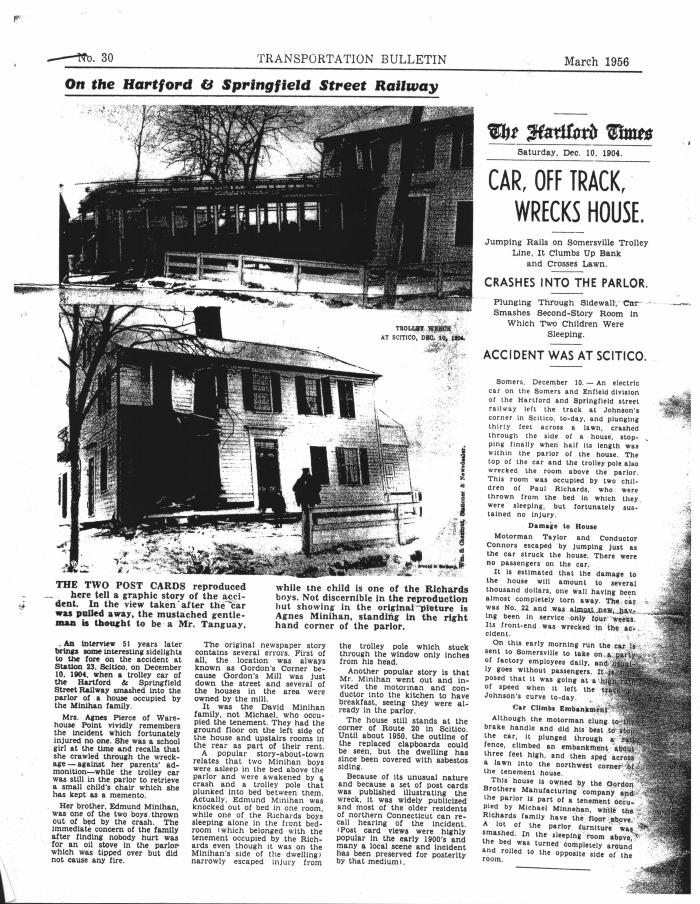 Car, Off Track, Wrecks House.  Published in The Hartford Times, Saturday, December 10, 1904. Crashes into the parlor.  Accident was at Scitico.