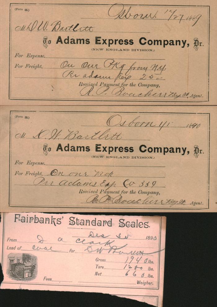 Two Paid invoices from Adams Express to D W Bartlett (contents 1890 Excelsior Diary). One from Fairbanks" Standard Scales.