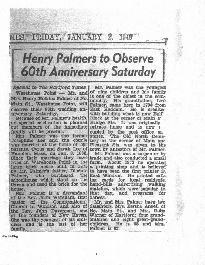 Henry Palmers to Observe 60th Anniversary Saturday, newspaper article.;