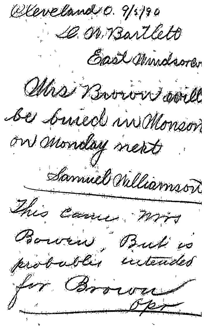 Note from Samuel Williamson to D W Bartlett (contents of Excelsior Diary)