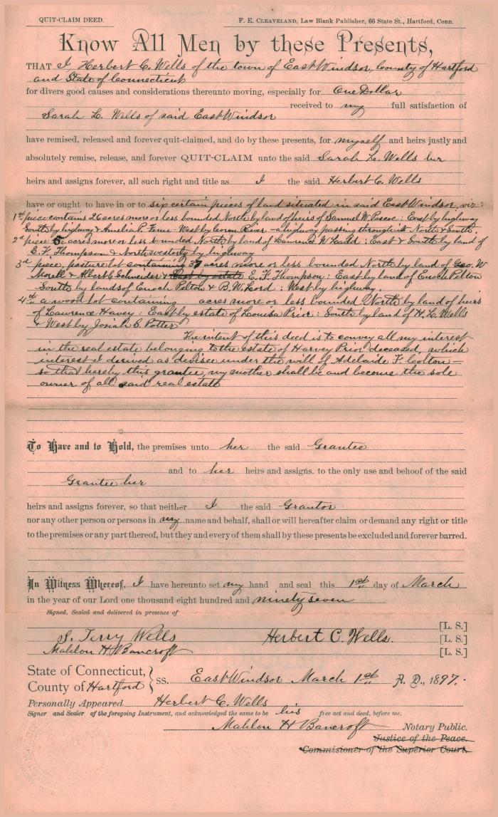 Quit Claim Deed  from Herbert C. Wells to Sarah L. Wells. 
