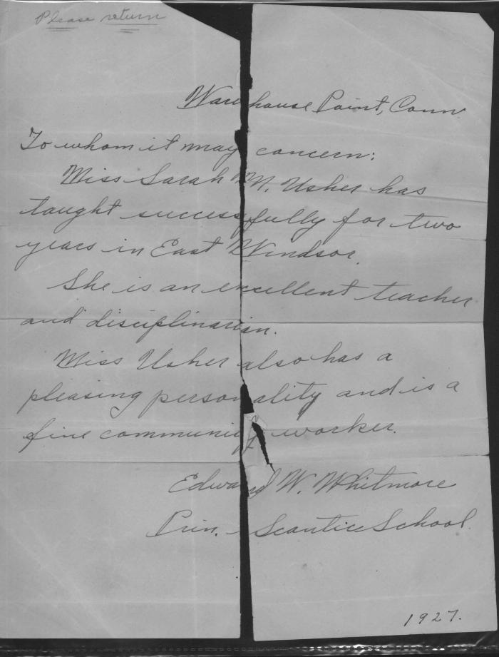 Letter of Recommendation for Sarah Usher, 1927
