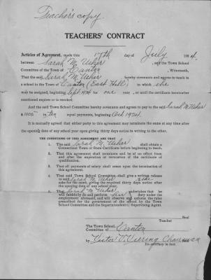 Teachers' Contract for Sarah M. Usher to teach in the town of Canton (East Hill). July 17, 1924.