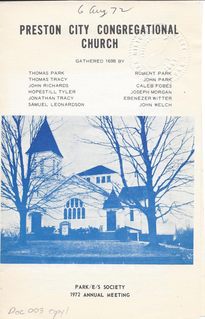 Coll. 001 Fold. 015 Doc. 003 Preston City Congregational Church brochure  for the Park/E/S Society