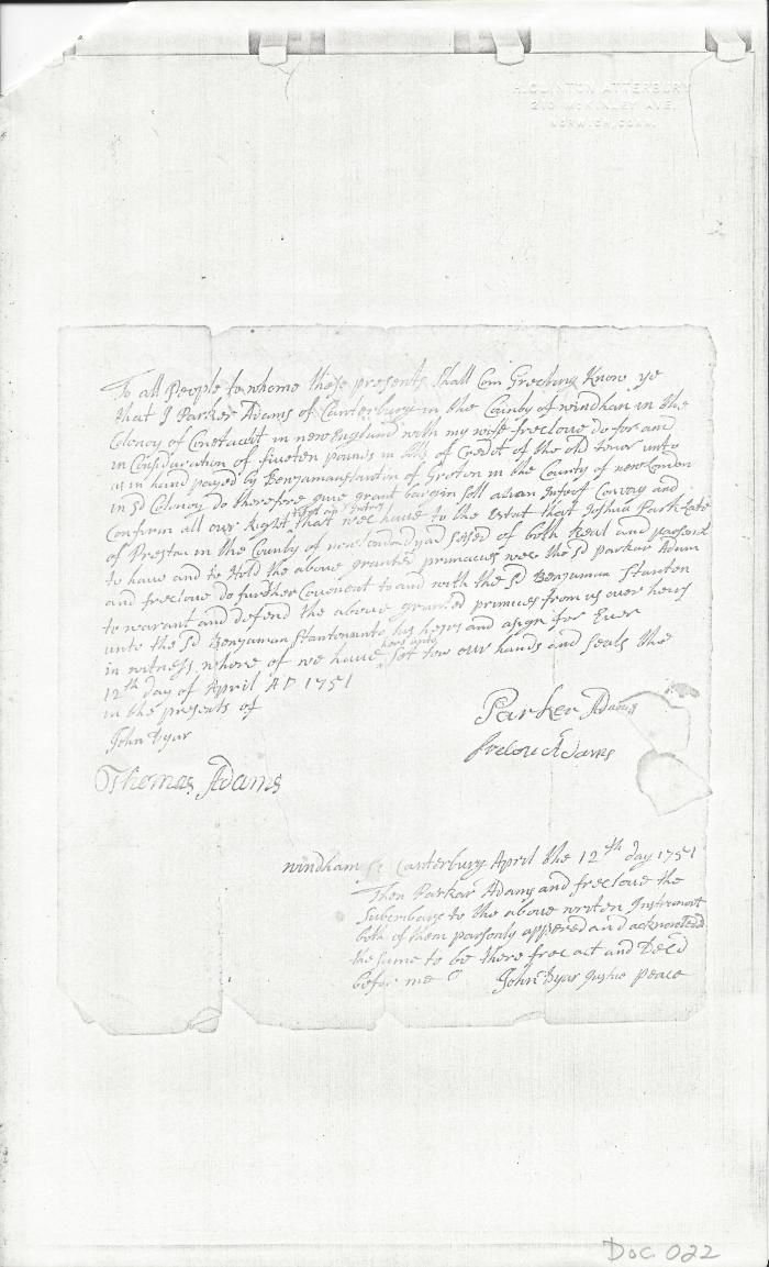 Photocopy of Parker Adams Deed  1751