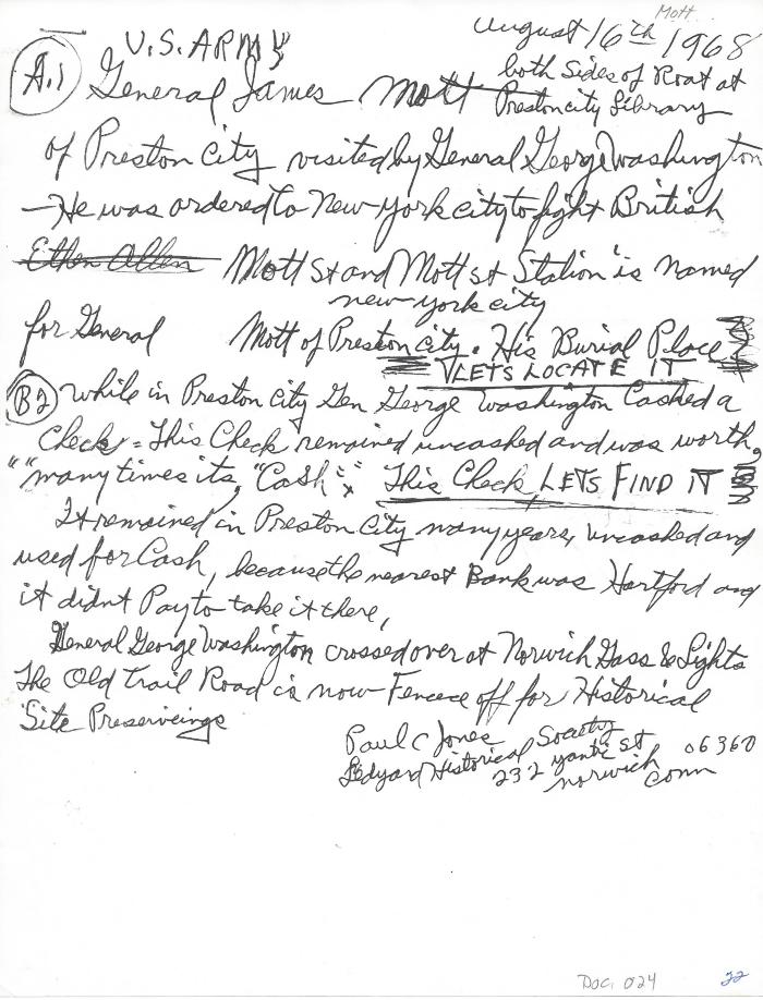 Photocopy of Note on General James Mott