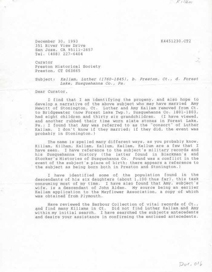 Letter seeking information about Luther Kallam