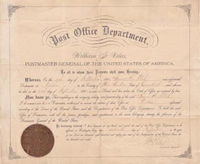 1885-09-16 James Fitch Postmaster appointment certificate (Coll. 002 Fold. 005 Doc. 001)