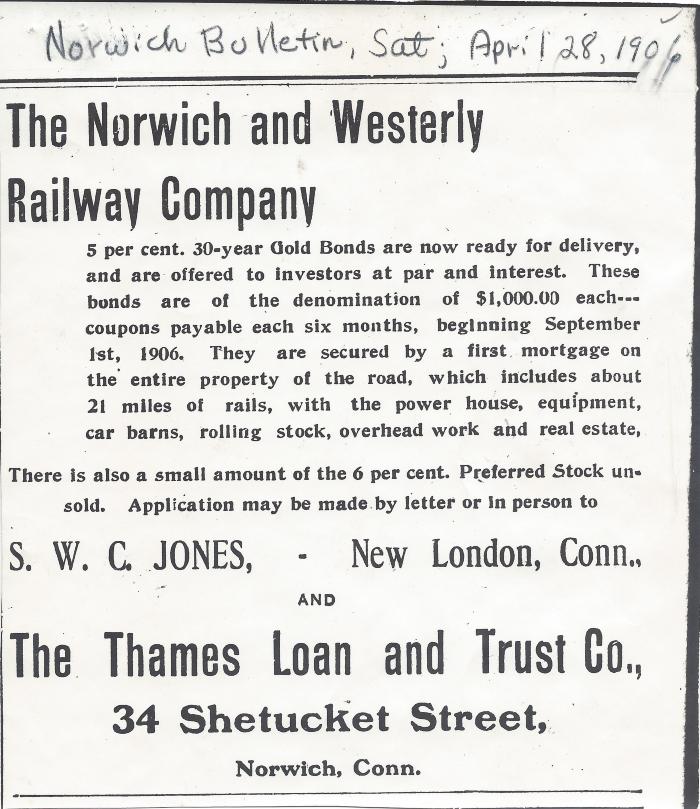 The Norwich and Westerly Railway Company ad for gold bonds