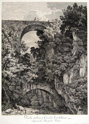 Etching - Ancient bridge in Cività Castellana, commonly called Teramo bridge