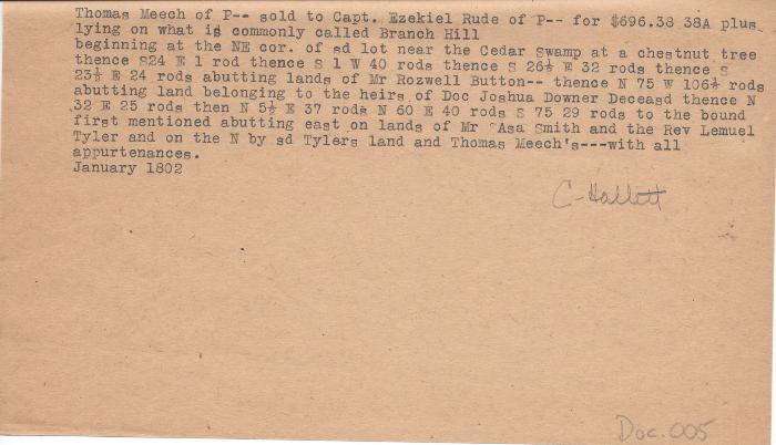Land deal between Thomas Meech and Capt. Ezekiel Rude