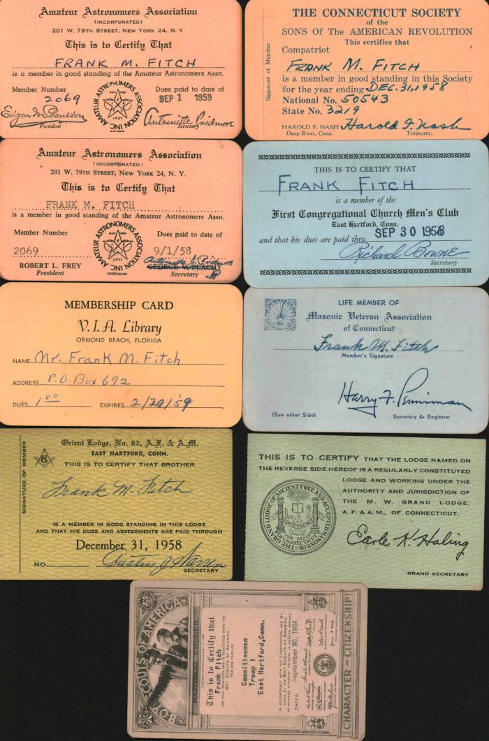 Frank M. Fitch membership cards