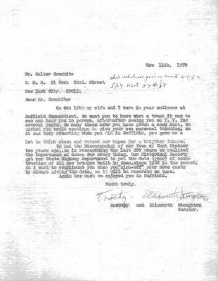 Letter from Dorothy & L. Ellsworth Stoughton to Walter Cronkit.