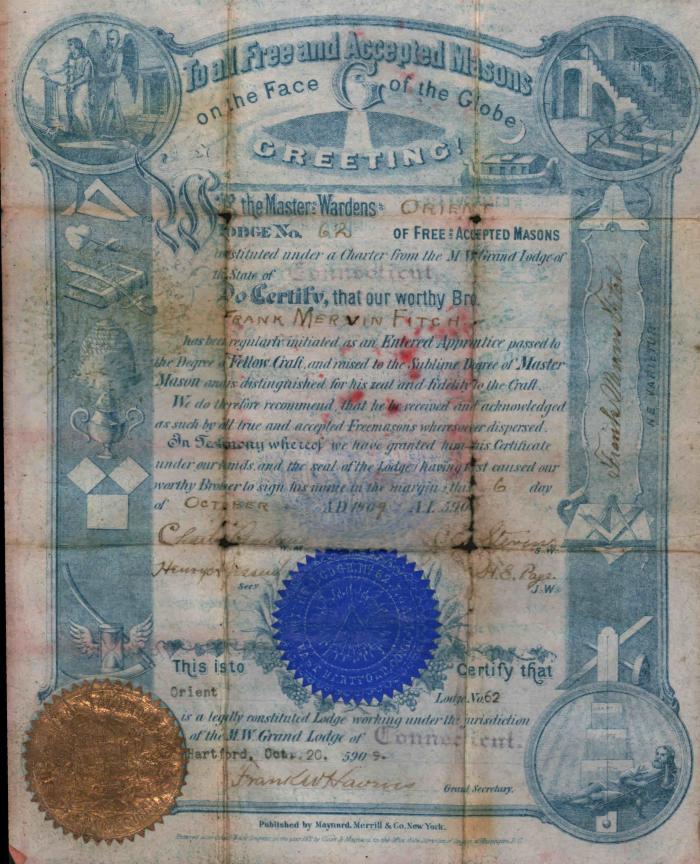 Certificate of acceptance of Frank Mervin Fitch as an apprentice in Orient Lodge No 62.