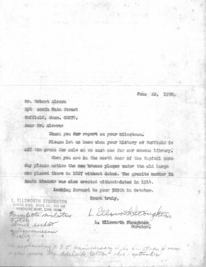 Letters: one carbon copy from L. Ellsworth Stoughton to Robert Alcorn. The other from Meade Alcorn to L. Ellsworth Stoughton.
