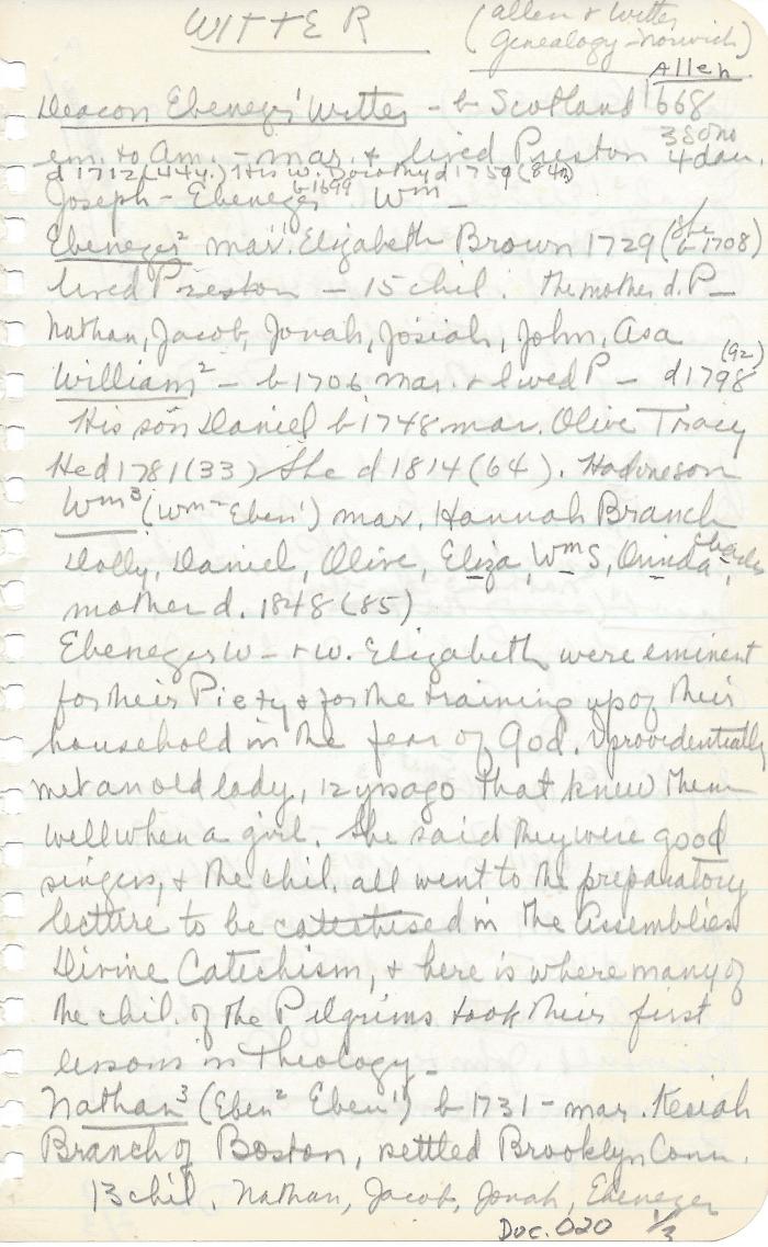 Notes on Witter family taken from Allen & Witter Genealogy (Norwich)
