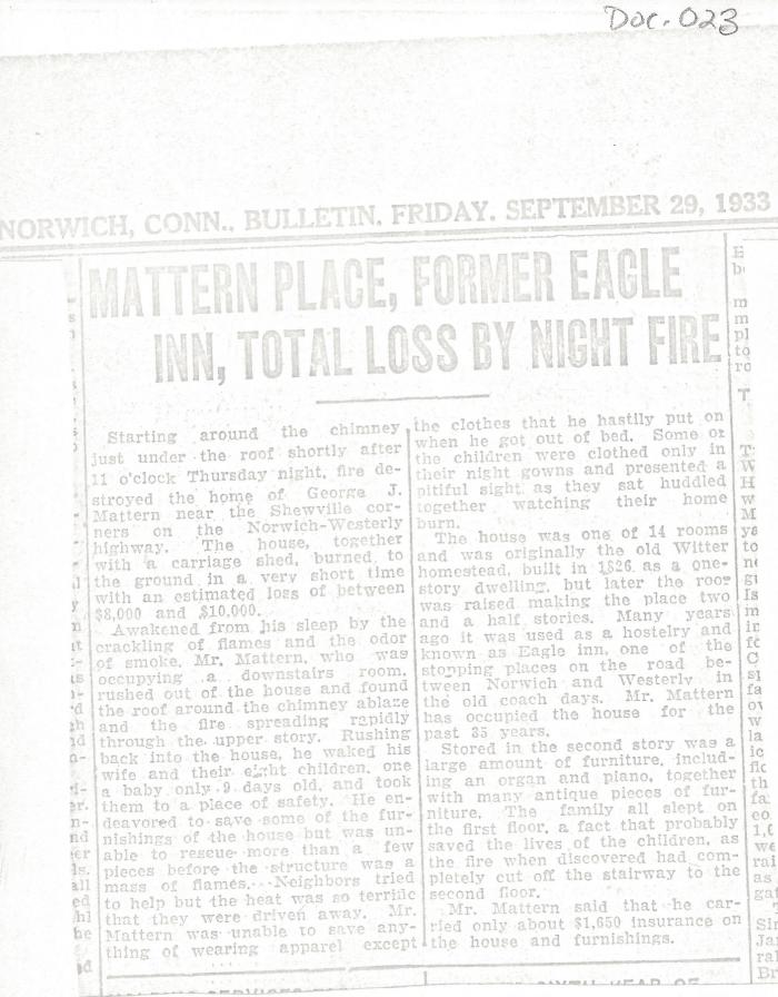 Photocopy of Newspaper article- Mattern Place, Former Eagle Inn, Total Loss by Night Fire