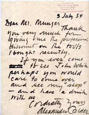 Letter from Alexander Calder to Robert L. Munger