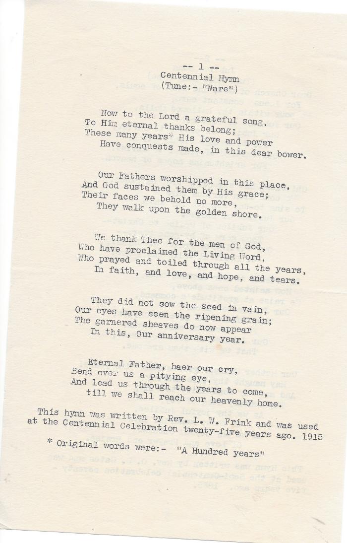 Centennial Hymn and Jubilee Song 
Preston City Baptist Church