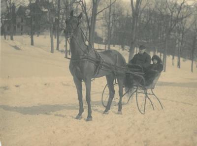 Portrait of a Man and a Child in a Horse Drawn Sleigh in Winter