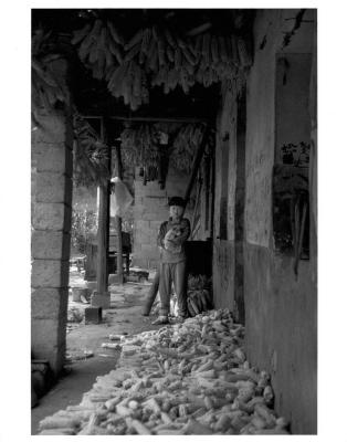 [Boy with dog before corn husk filled entryway], China