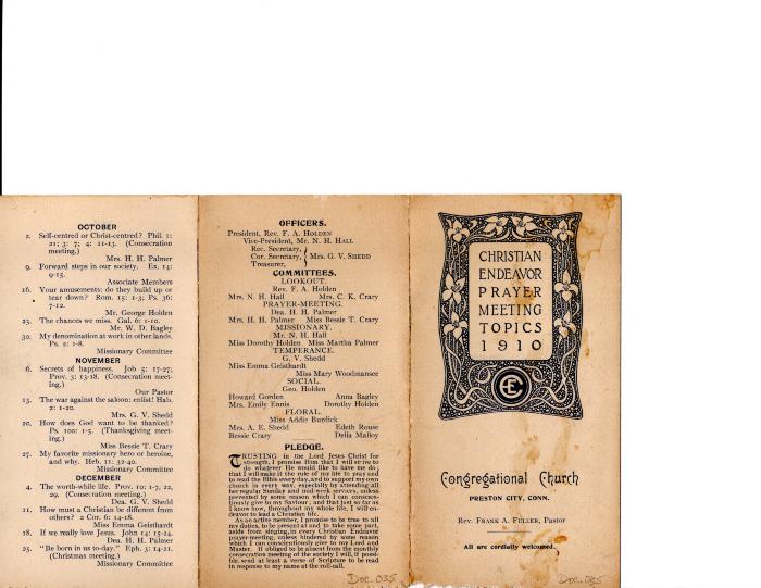 Christian Endeavor Prayer Meeting Topics 1910, Congregational Church, Preston City