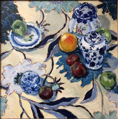 Blue and White Crockery and Fruit