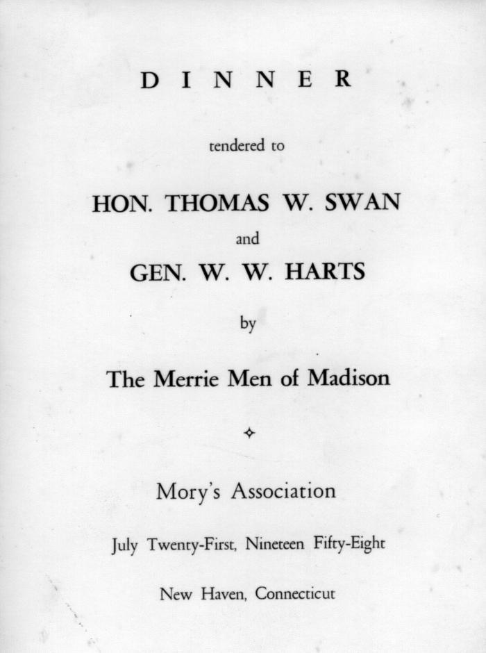 Invitation Card - Dinner Tendered to Hon. Thomas W. Swan and Gen. W. W. Harts by The Merrie Men of Madison