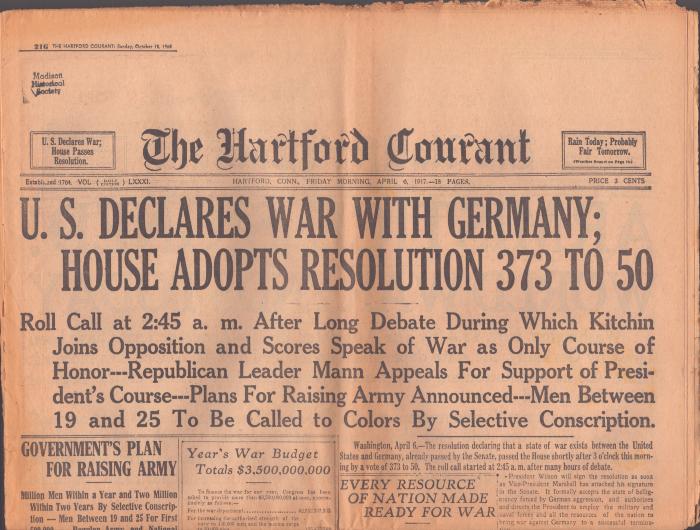 Newspaper - The Hartford Courant, April 6, 1917, US Enters War