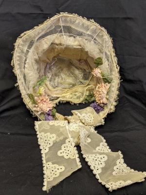 Wedding Bonnet, White Net, Organdy and Lace w/ Fabric Flowers