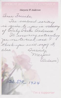 Note from Marjorie Anderson related to Edwin Park's note