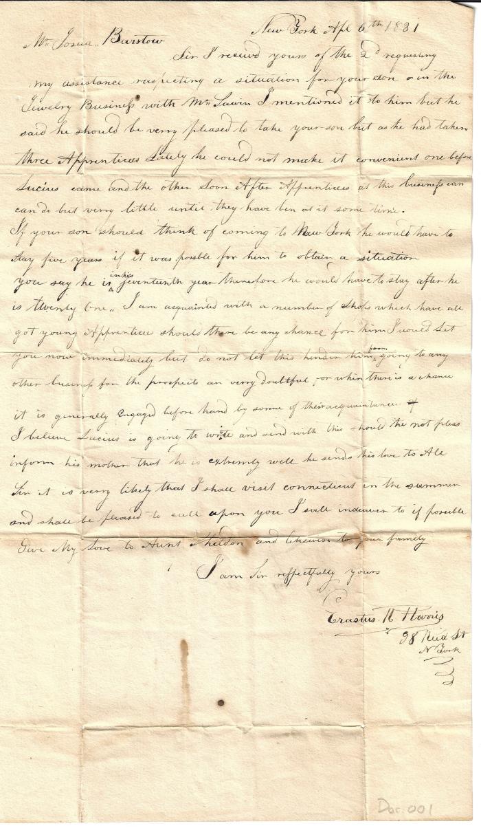 Letter to J. Barstow from E. Harris about L. Barstow Apprenticeship