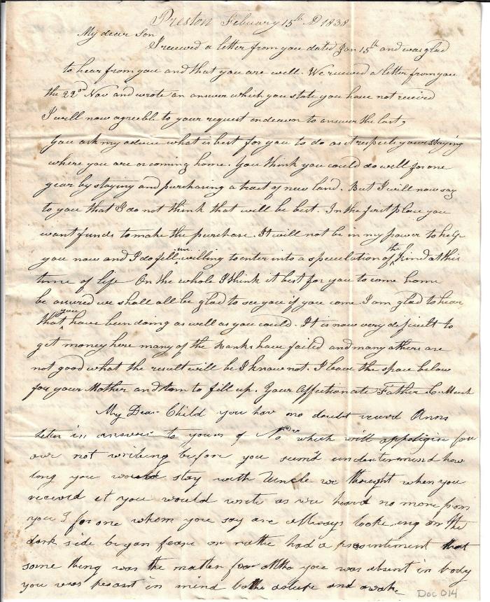 Letter to Charles L. Meech from Father (C. Meech), Mother (Cynthia Meech), and others