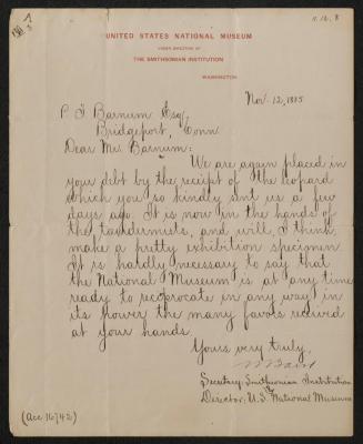 Letter: To P.T. Barnum from S. Baird, Director of the Smithsonian, November 12, 1885